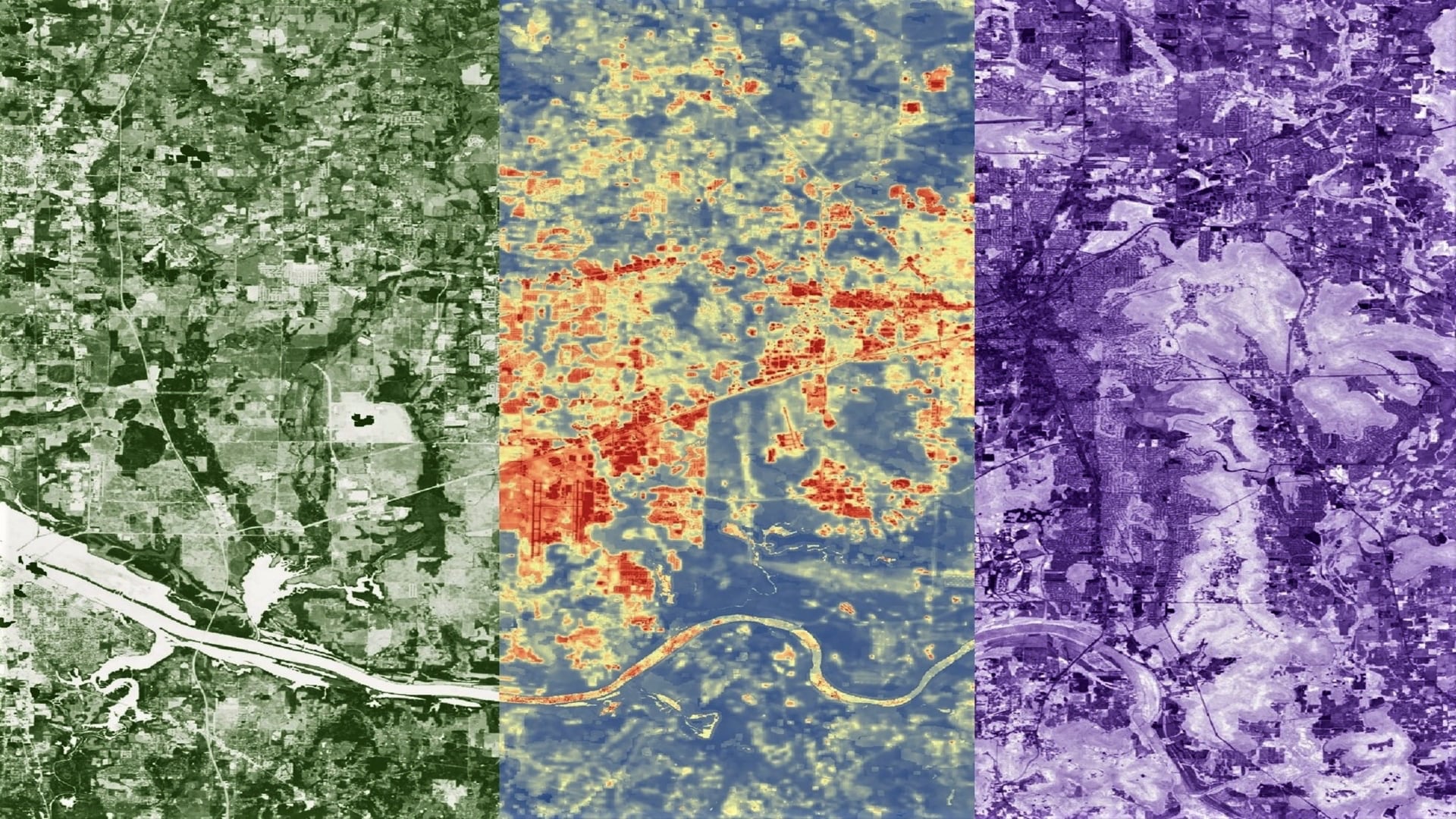 This image shows Landsat 8 OLI and TIRS imagery for Huntsville, Alabama averaged over the months of June, July, and August 2019. The imagery is processed (left to right): for NDVI with darker greens indicating higher NDVI and lighter greens indicating lower NDVI, LST with red indicating warmer temperatures, yellow indicating moderate temperatures, and blue indicating cooler temperatures, and NDBI with darker purple indicating higher NDBI and lighter purple indicating lower NDBI. Keywords: Huntsville, Landsat, Urban Heat, Greta Paris, Thomas Quintero, Sabine Nix, Amanda Tomlinson​
