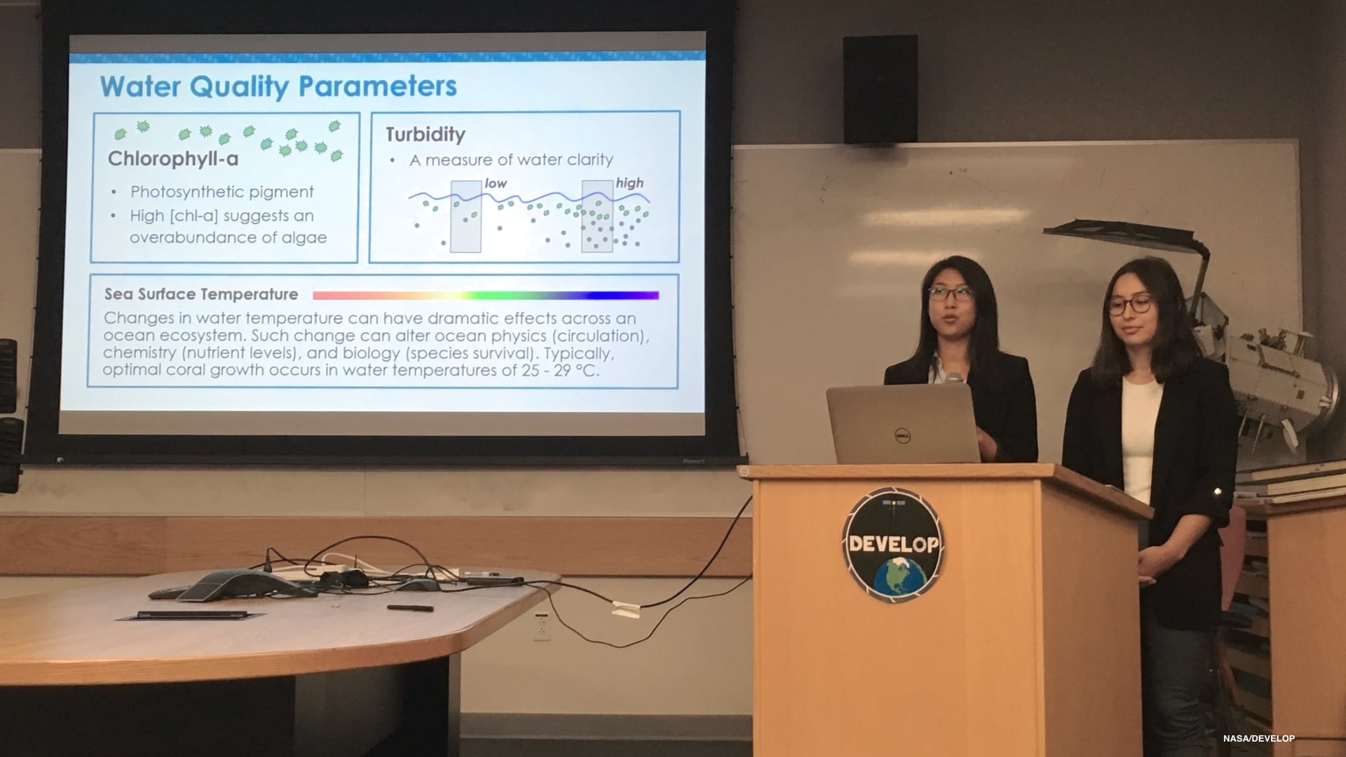 The Belize Water Resources team presenting their results at the Summer 2019 closeout presentation at JPL. Image credit: NASA/DEVELOP