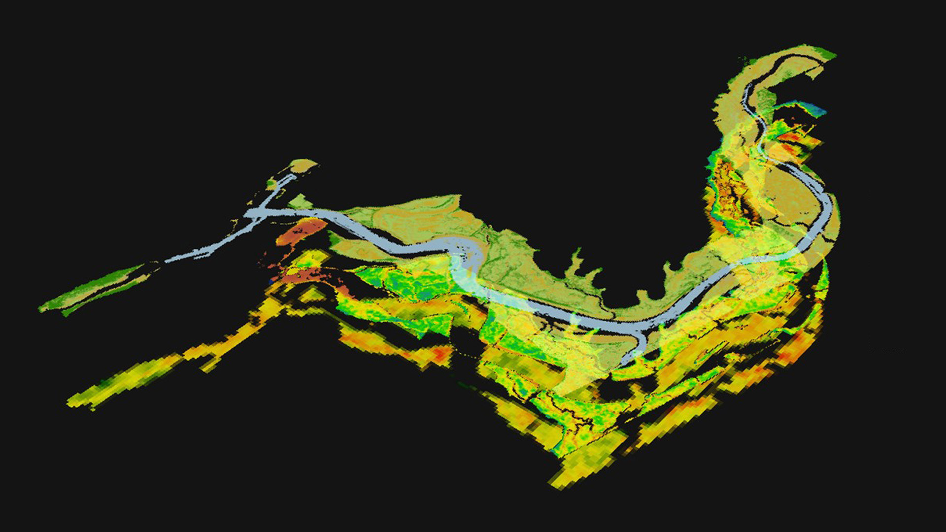 The Elkhorn Slough has experienced a dynamic past and is anticipated to change more in the future as the marsh continues to subside and sea level rises. This image captures the past changes in NDVI through Landsat imagery, present marsh vegetative health in NDVI through Sentinel 2A imagery and future marsh health predicted by the Marsh Equilibrium Model. Image Credit: Elkhorn Slough Ecological Forecasting II Team.
