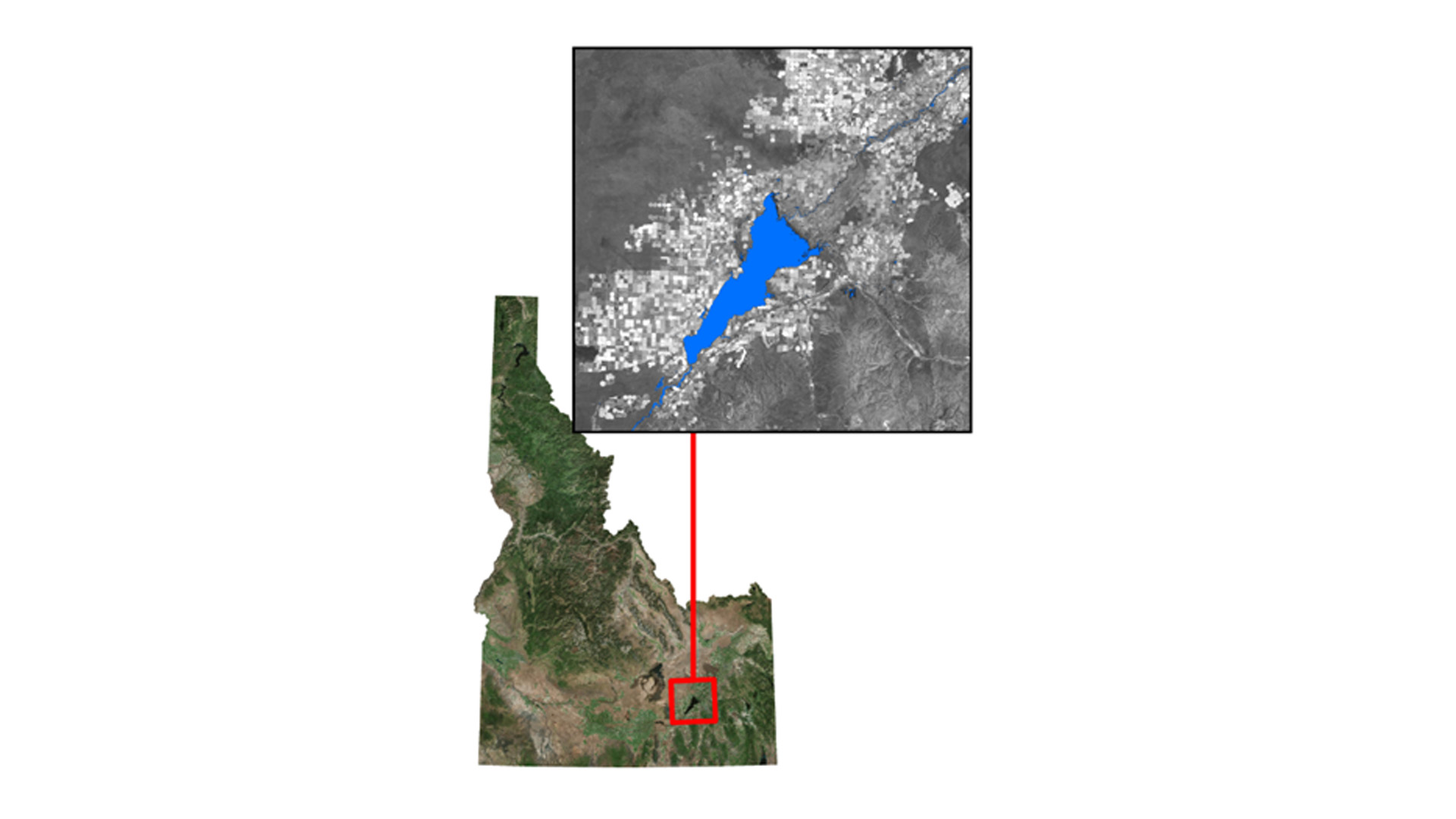 This area shows three reservoirs: Chesterfield left, Blackfoot right and Alexander lower. Blue areas are SWIM classes for water, and the background is a rendition of the vegetation index SAVI. Image Credit: Southeast Idaho Water Resources Team.