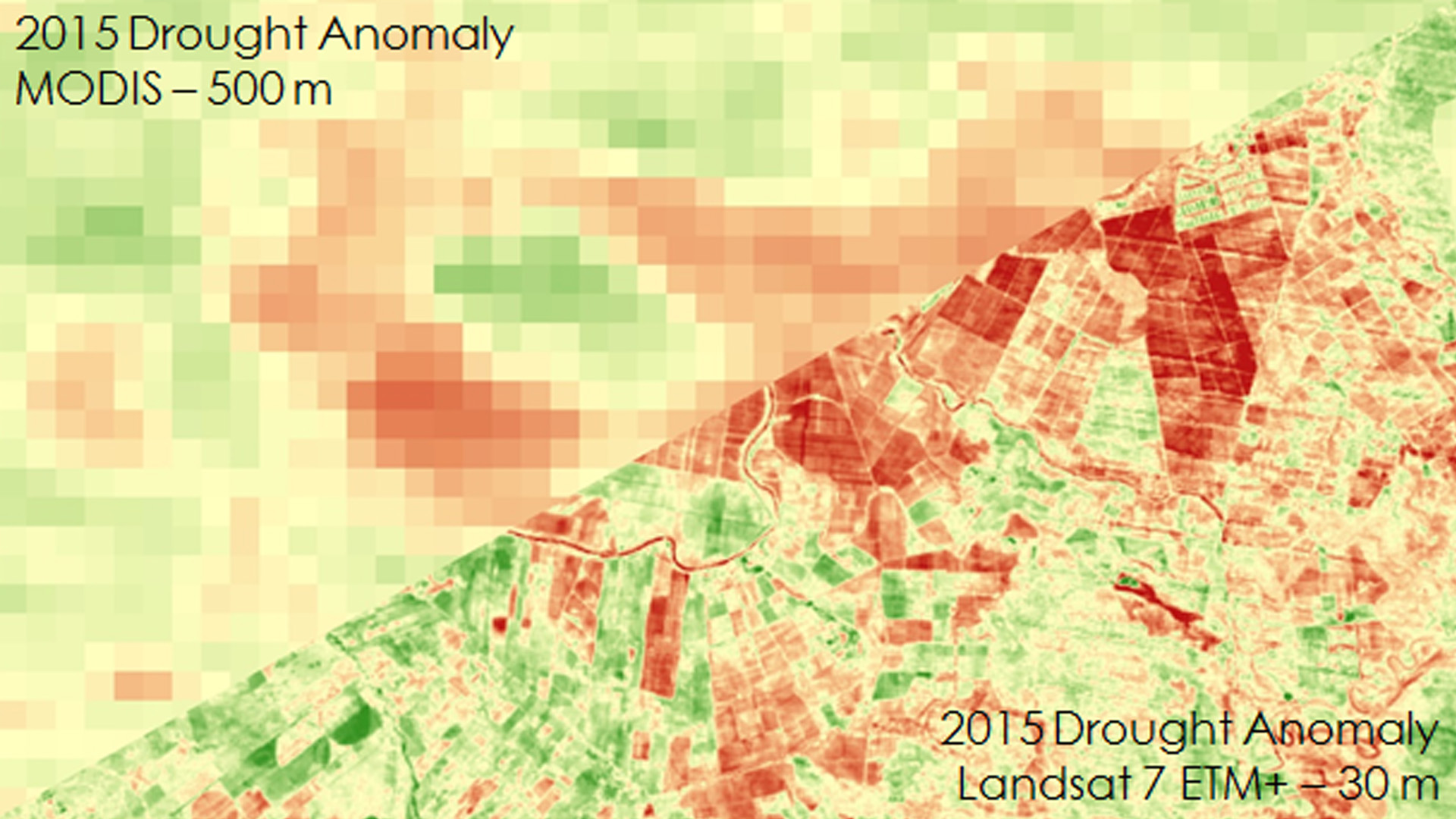 The agricultural fields of La Flor, Costa Rica show the effects of the 2015 drought in this NDVI anomaly map from Landsat and MODIS. Image Credit: Costa Rica Agriculture II Team.