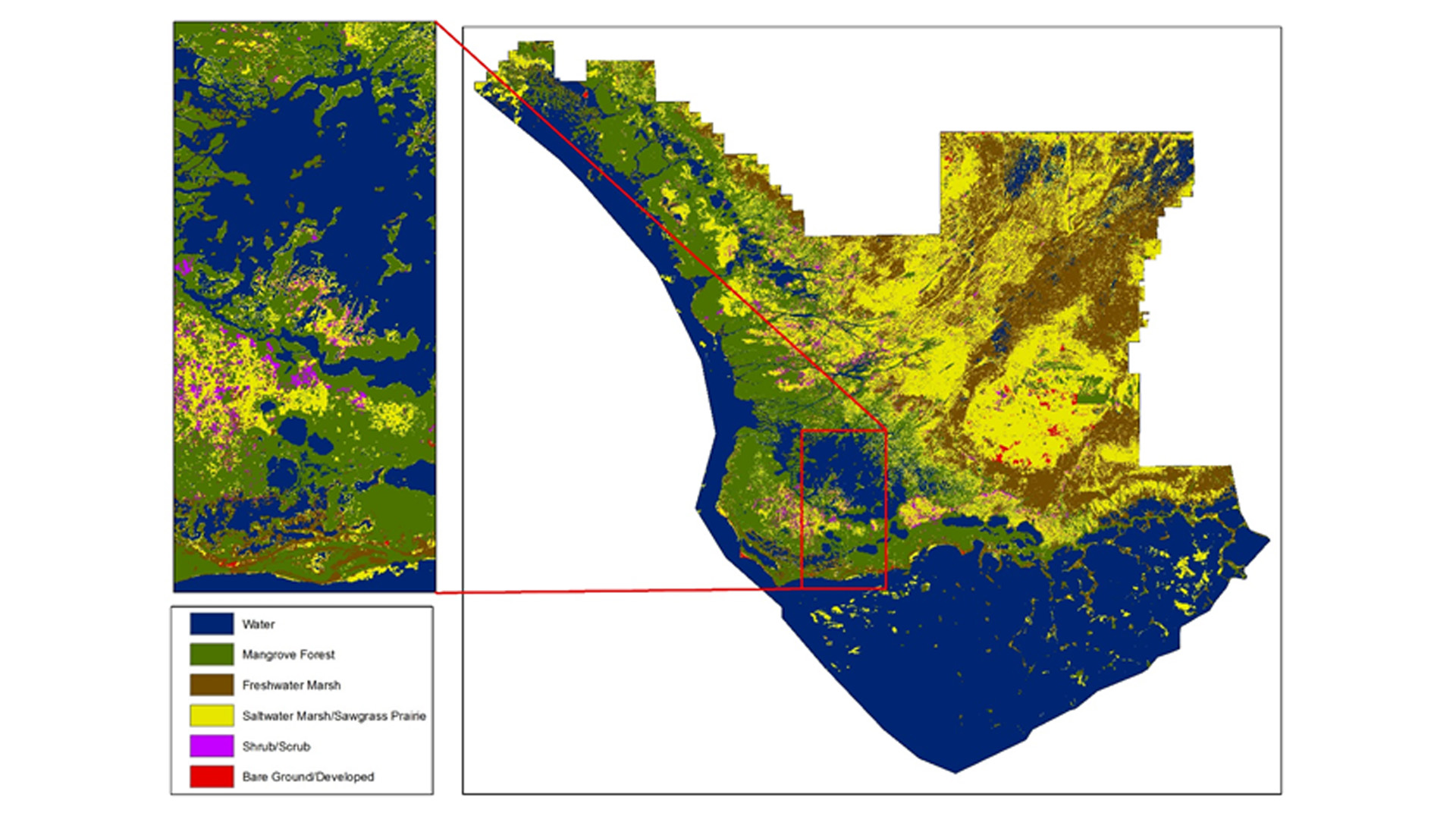 Landsat 8 OLI processed with a Cloud Removal Function of Mask algorithm with bands 6, 5, and 4 illustrating a false color composite for the year 2016. Image Credit: Everglades Ecological Forecasting II Team.