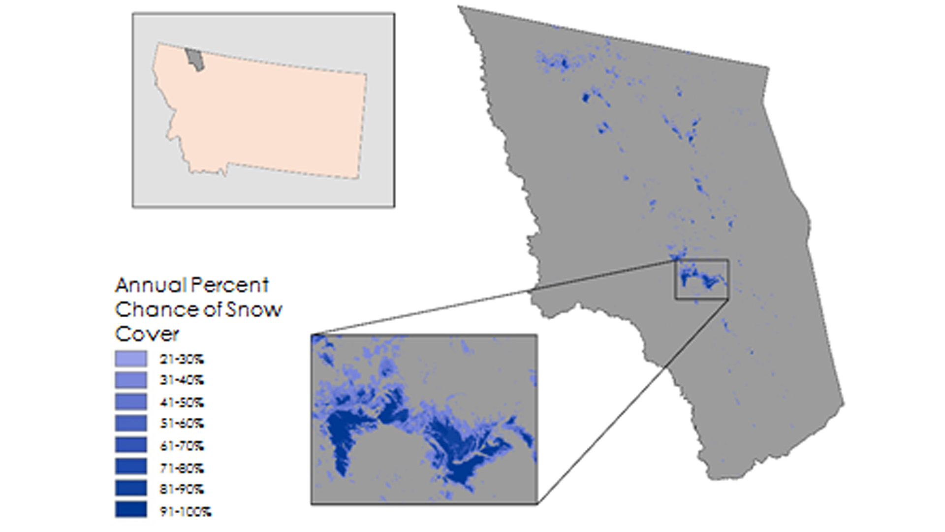 Landsat 8 NDSI used to classify persistent ices and snow cover in the Intermountain Region. Image Credit: Northern Great Plains Water Resources Team.