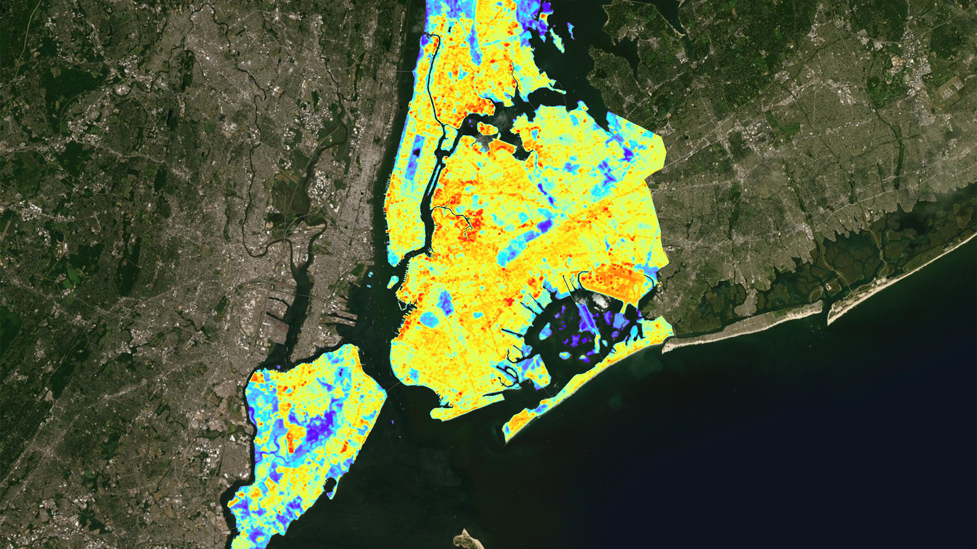 Compilation of processed provisional land surface temperature data from 1990-2019 acquired by Landsat 4-8. The City of New York, located in Southeast New York State is displayed. Blue hues represent areas where temperatures are less than the average mean. Orange to red hues show areas equal to or higher than the mean temperature. Areas in red are hotspots within the city. These are areas where policymakers should focus green initiatives on to reduce extreme heat.Keywords: Landsat, Urban Heat, Hotspots, New York City, Extreme Weather