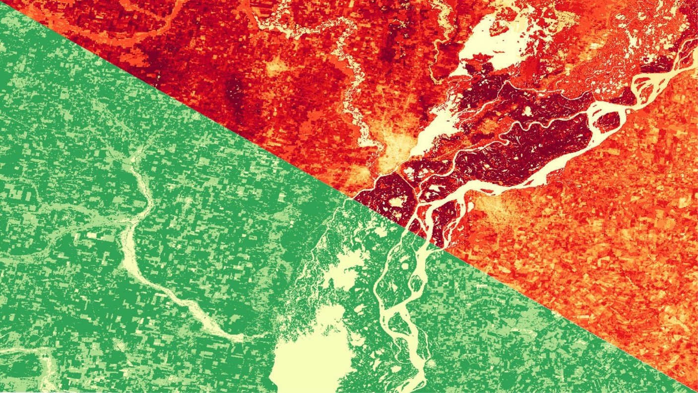 Evapotranspiration (ET) and Normalized Difference Vegetation Index (NDVI) processed imagery using 2019 Landsat 8 OLI and TIRS data through the EEFlux model for the region of Paraná, Argentina. Relatively warmer pixels of red in the upper right corner and green in the lower left corner represent higher values of ET and NDVI respectively. ET values allow users to determine water availability while NDVI values reveal vegetation richness.