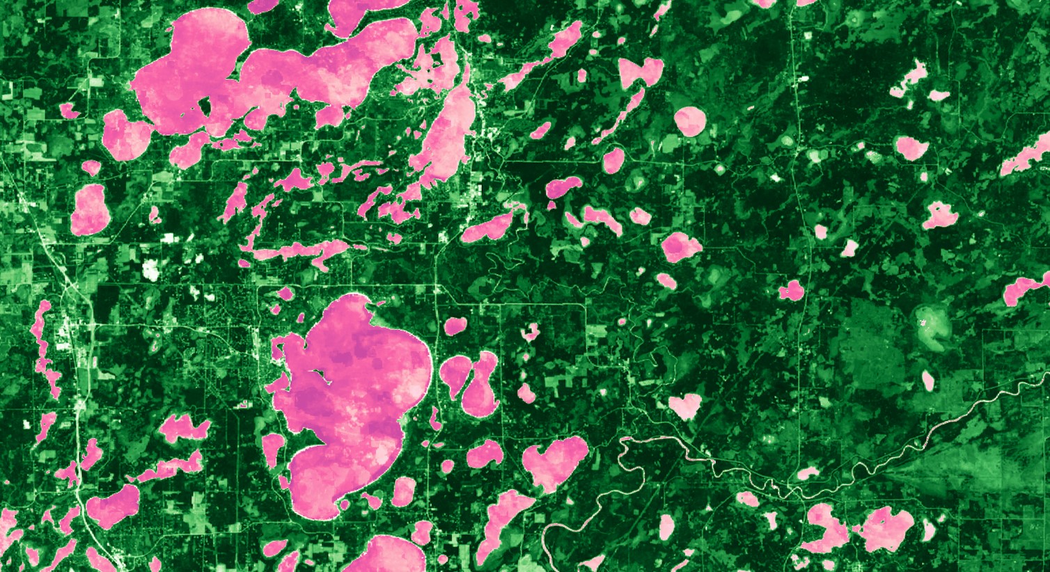 This is a 2018 Landsat 8 OLI image of Minnesota processed to show Modified Normalized Difference Water Index (MNDWI) and Normalized Difference Vegetation Index (NDVI) values displayed with pink and green color ramps, respectively. Dark pink shades indicate areas very inundated with water; lighter pink shades are less inundated. Dark green shades are healthy vegetation and lighter shades are less healthy. Focusing on areas that contain wetlands is important for stakeholders to maintain inventory accuracy.