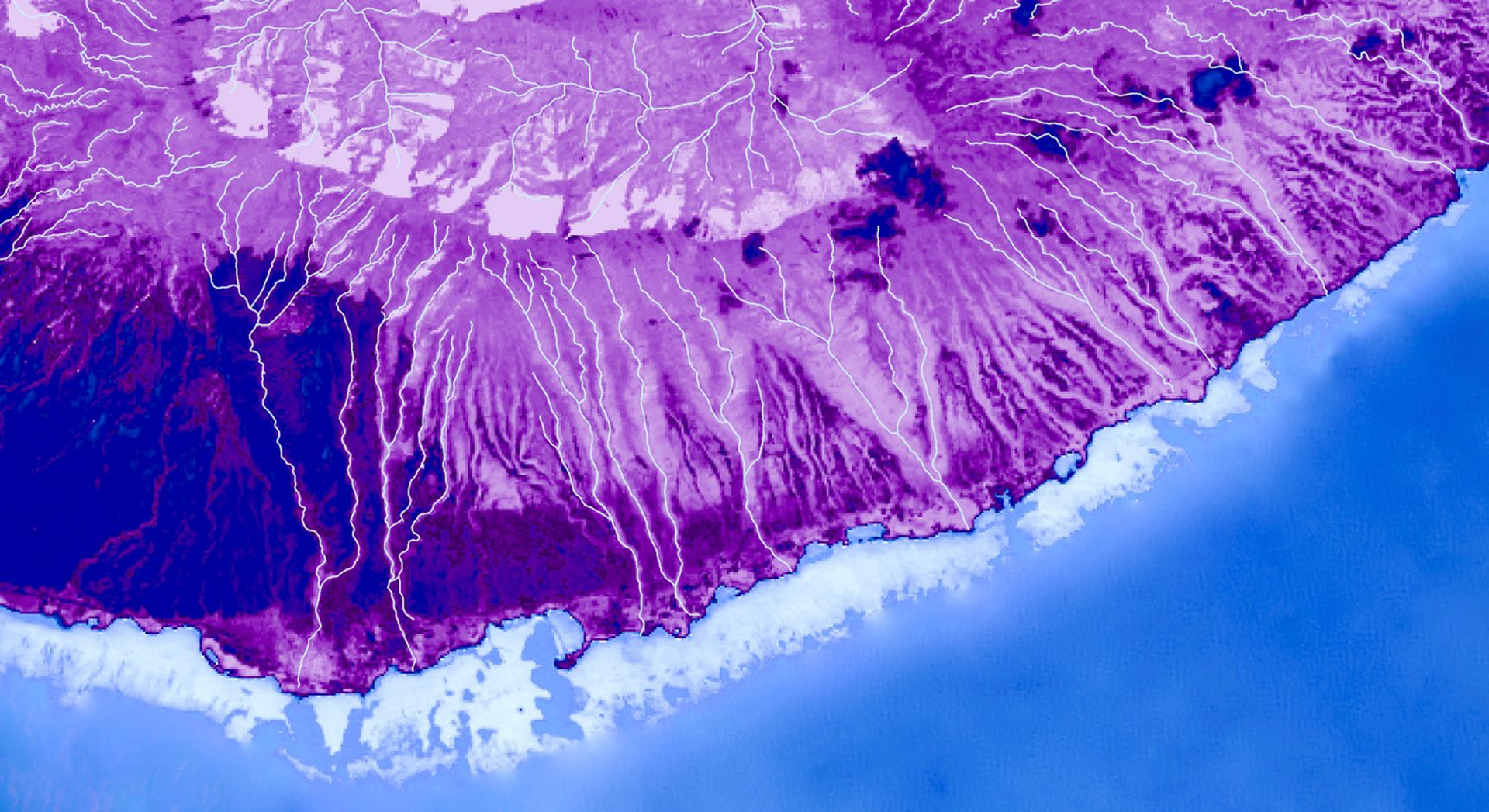 This is a processed Landsat 8 OLI image from January 2019 displaying Normalized Difference Vegetation Index (NDVI) values of Moloka’i, Hawaii. Bright purple colors indicate areas of healthy vegetation and blues represent less productive vegetation, bare ground, and water. NDVI is one of the many indices used to quantify forest health and resulting coastal water turbidity.