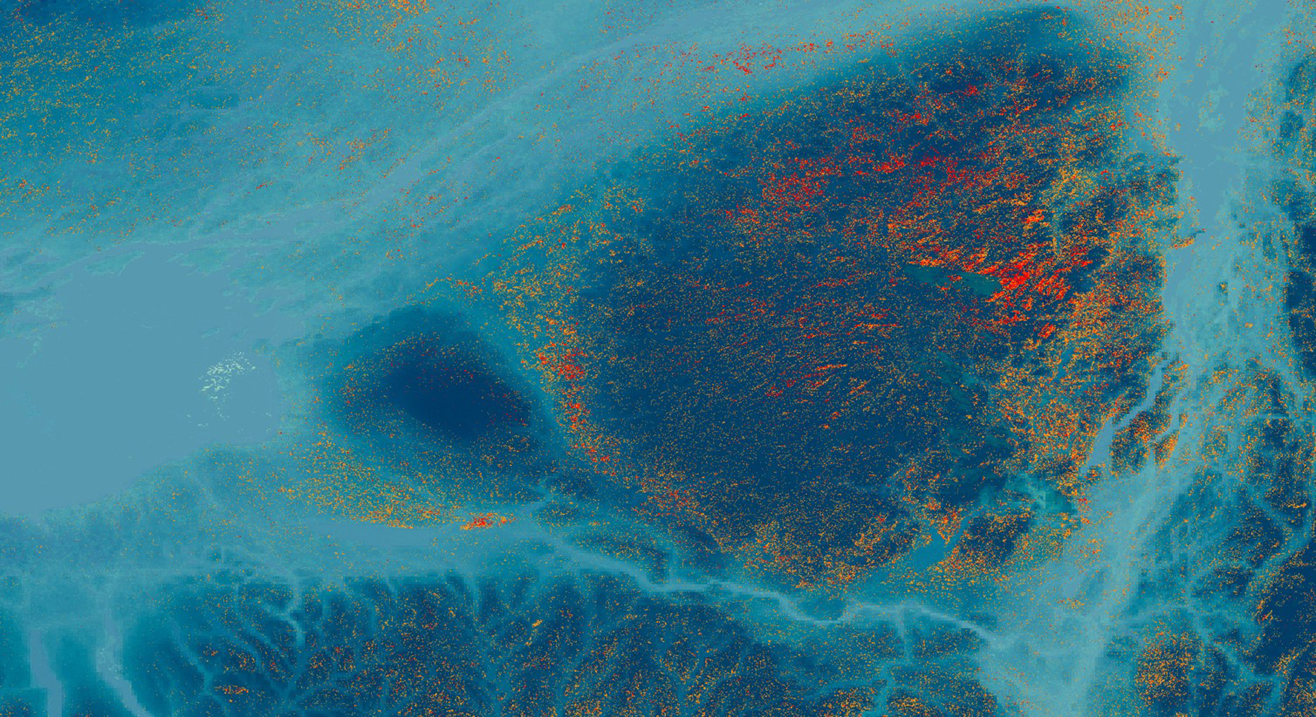False color composite (bands 5, 4, and 3) of recent (2016 to 2019) leaf-off vegetation in the New York Adirondacks region processed using Landsat 8 OLI data overlaid with the HydroSHEDS Hydrologically Conditioned DEM from the World Wildlife Fund (2000) in cyan. Pure eastern hemlock stands are indicated in red and hemlock-dominant stands are indicated in orange. Areas of pure eastern hemlock should be the primary focus of land managers’ conservation efforts against the invasive hemlock woolly adelgid.