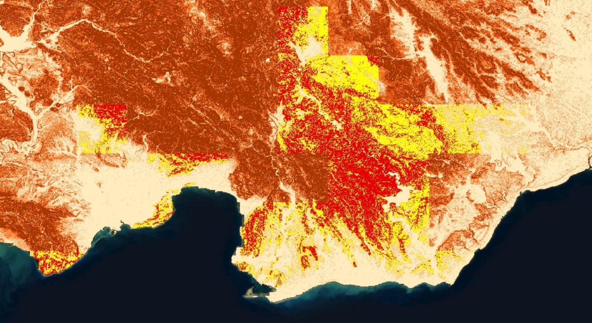 Average GPM IMERG data (2018) combined with landslide susceptibility calculated using SRTM imagery (2000) serve as inputs for the Landslide Hazard Assessment for Situational Awareness (LHASA) model for the Dominican Republic Cordillera Central mountain range. This LHASA “nowcast” respectively shows high and moderate landslide potential in red and yellow, as well as high to low susceptibility to rainfall-triggered landslides in dark and light orange. With LHASA nowcasts, landslide hazard can be assessed in near real-time.