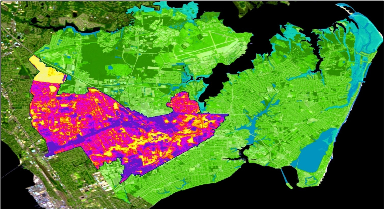 This image includes a false color composite of Landsat 5 TM imagery (August 8 to 16, 2011), high-resolution classified imagery from the City of Hampton (January 2018), and percent tree canopy cover from regression analysis for the Hampton Roads peninsula in Virginia. The yellow represents high tree canopy cover (80 to 100%) and the dark purple represents low cover (0 to 10%). Percent tree canopy cover allows for the City to visualize areas for improvement.