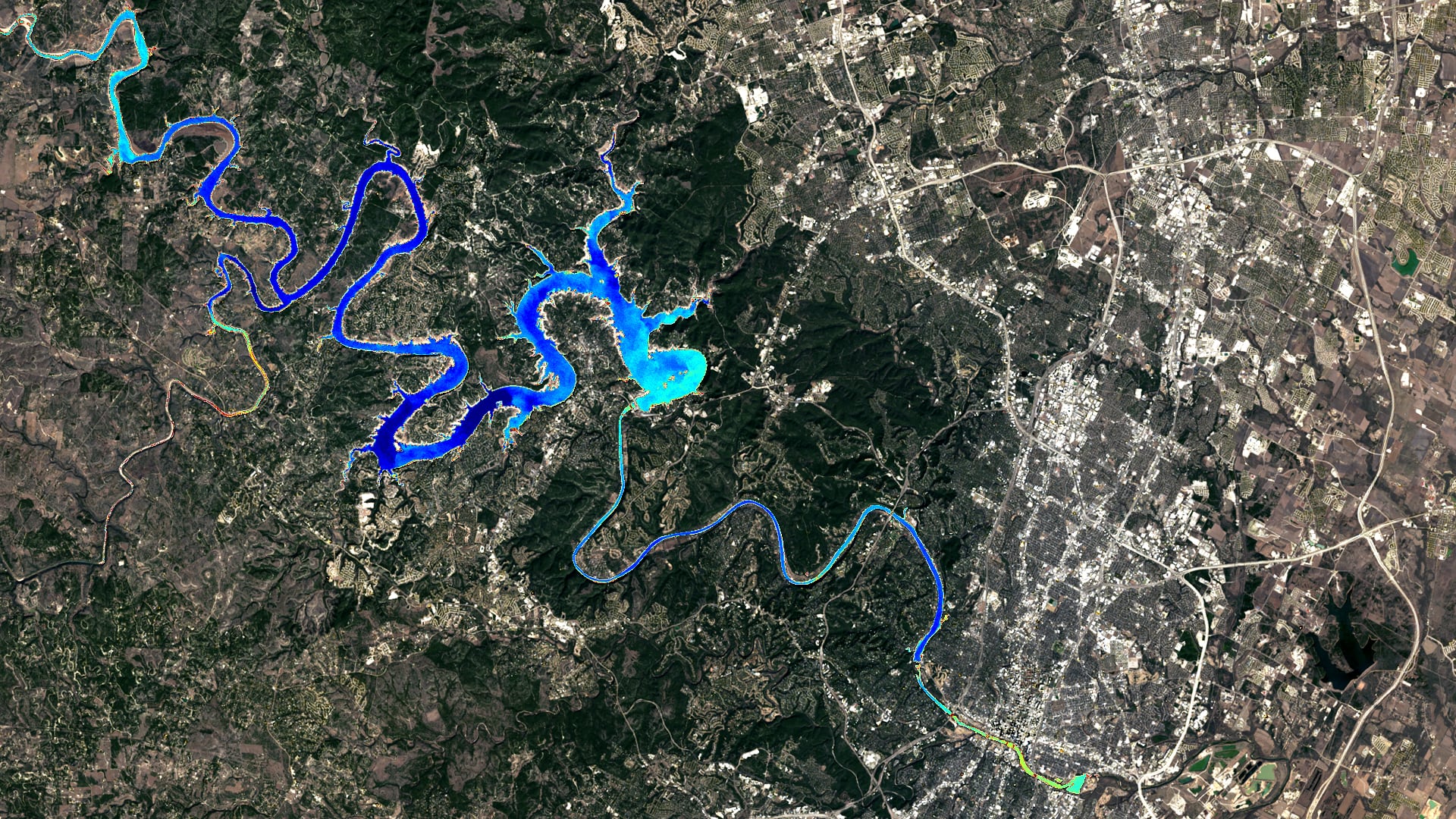Imagery of turbidity captured by the NASA Landsat 8 Operational Land Imager on Dec 24, 2020. Pictured is the lower portion of the Texas Highland Lakes chain with the city of Austin, Texas to the right. Dark blue corresponds to low, green to medium, and orange and red to high turbidity levels. Monitoring turbidity can aid in the understanding of algal event development throughout the Highland Lakes chain.Keywords: Highland Lakes, Colorado River, Texas Hill Country, Austin, Lake Travis, Lady Bird Lake, Lake Austin, Lake LBJ, Lake Marble Falls, Landsat 8 OLI