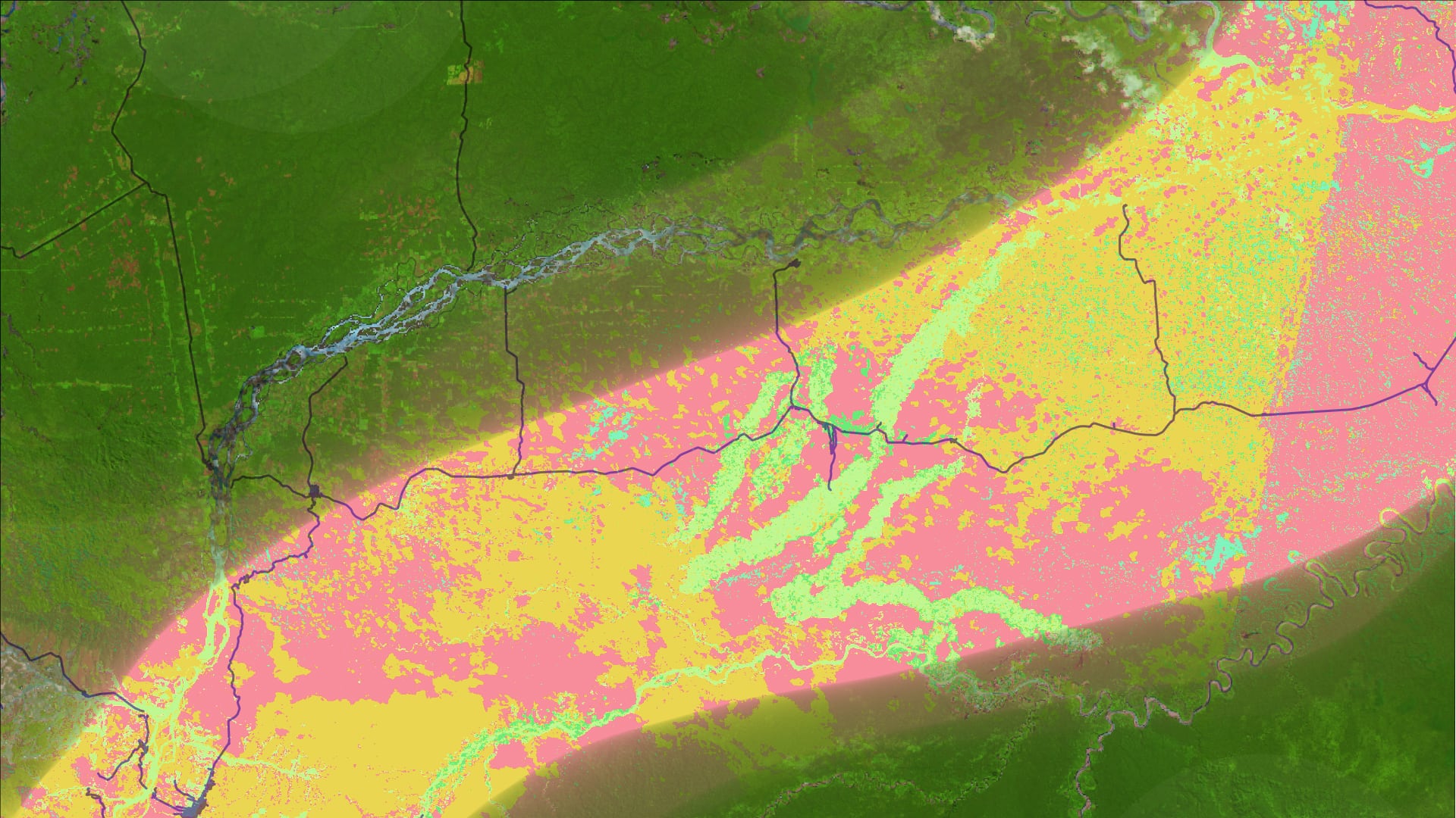 Land use classification imagery using 2020 Landsat 8 OLI data, blended with a false color band combination (6,5,4), with the highway system overlayed in dark blue. Pictured is the Madre de Dios region of Peru, centered around the La Pampa illegal mining site. The light green indicates areas of gold mining, areas in pink represent wetlands, and areas in yellow represent forest cover. Tracking land use change allows agencies to understand where deforestation is occurring.Keywords: Nelson Huffaker, Oliver Nguyen, Elizabeth Stapleton, Ariel Calle, Nataly Chacon