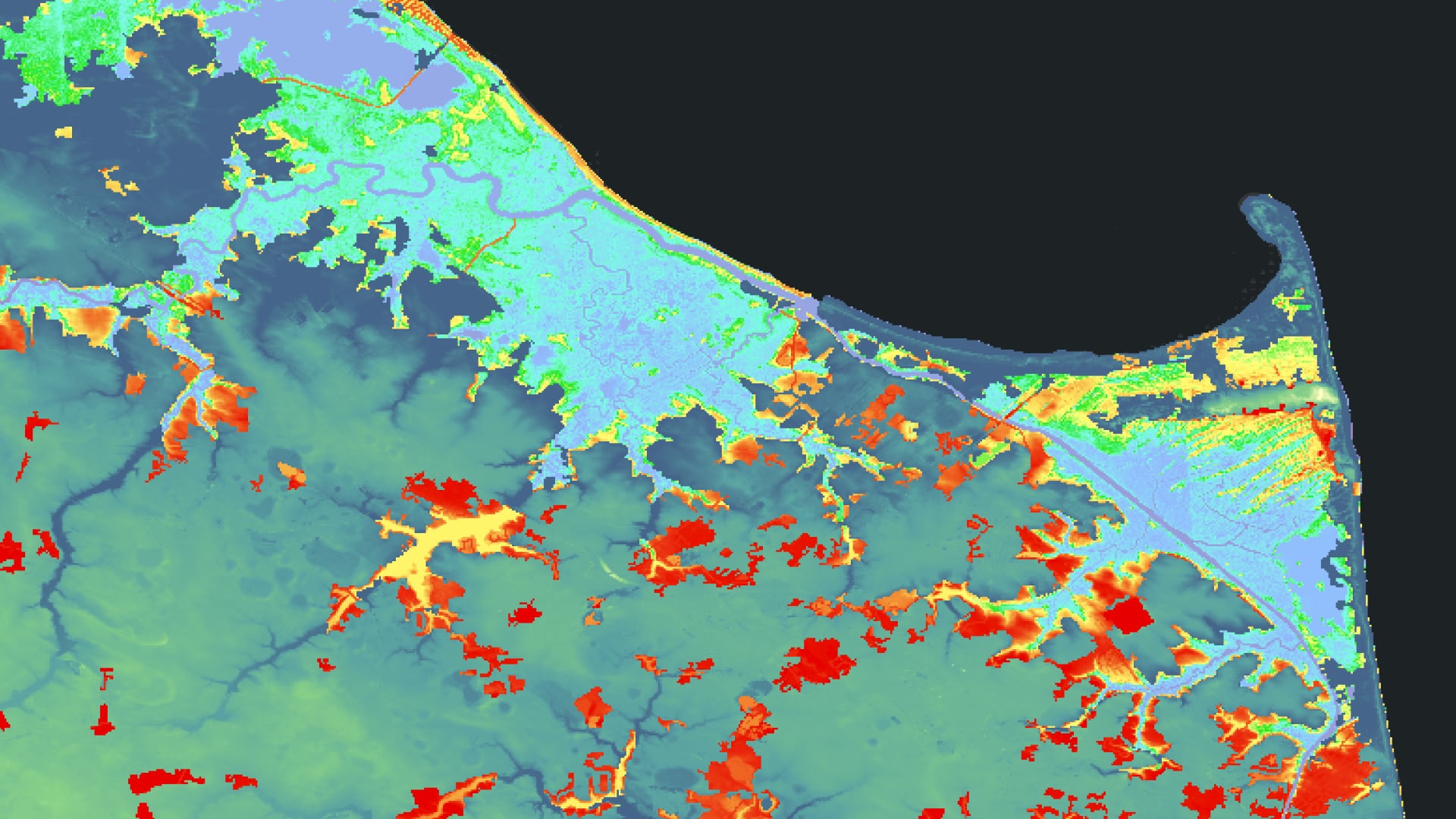Likelihood of transition from wetland to other land cover by 2050, based on wetland loss patterns from 2010 Landsat 5 TM and 2020 Landsat 8 OLI imagery. Areas with highest likelihood of loss on the Eastern shore of Delaware are shown in red, with those likely to persist in light blue. A LiDAR Digital Elevation Model (2013-2014) indicates low elevation in dark blue. Predicting wetland trends allows local stakeholders to prioritize management of wetland areas.Keywords: Delaware, Landsat, wetlands, marsh