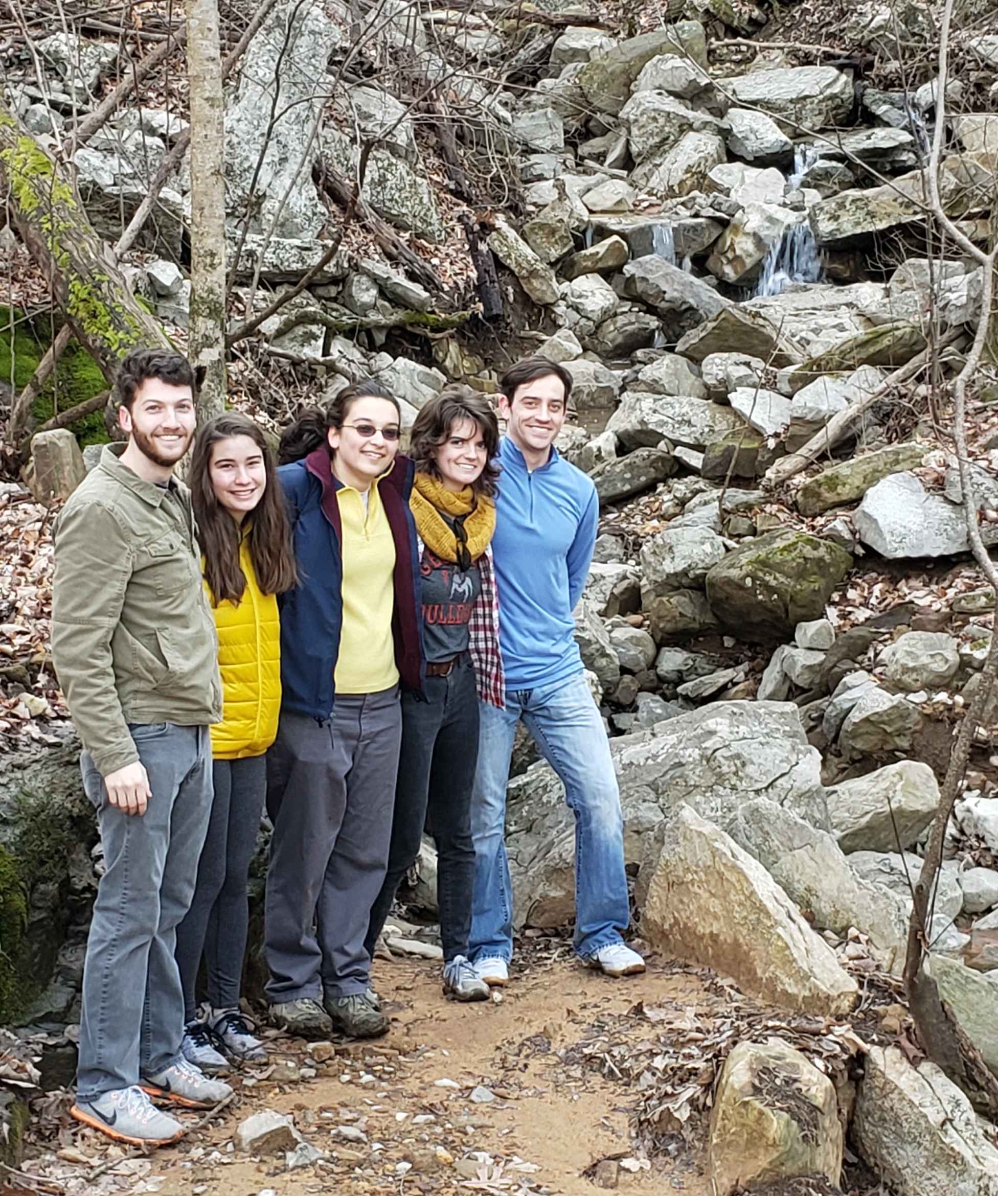 Spring 2020 DEVELOP participants hiking at Monte Sano. Left to right: Samuel Tatum, Sabine Nix, Amiya Kalra, Rachel Earwood, and Richard Murray. Image credit: A.R. Williams