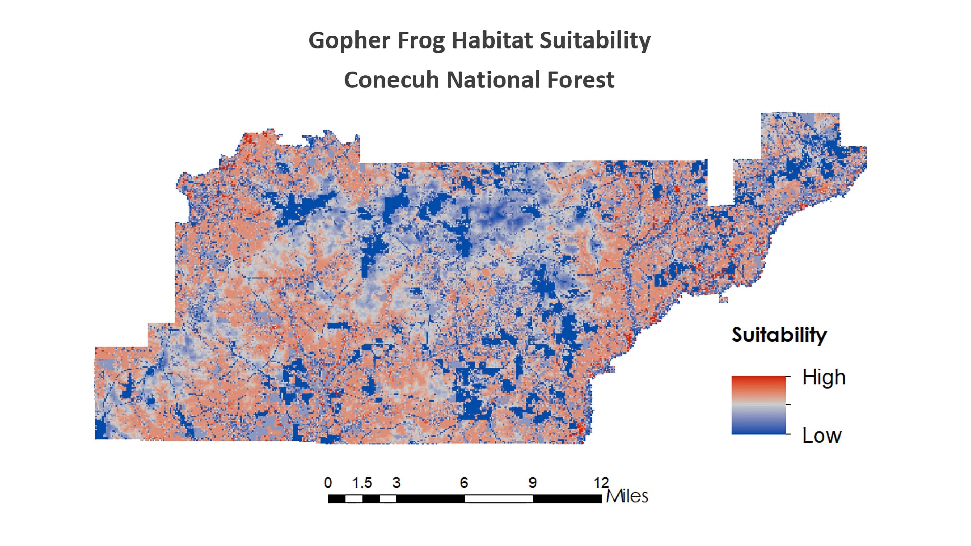 A suitability map generated by the NASA DEVELOP team illustrates highly suitable gopher frog habitat areas that could be prioritized for the protection of the gopher frog. Image credit: NASA DEVELOP