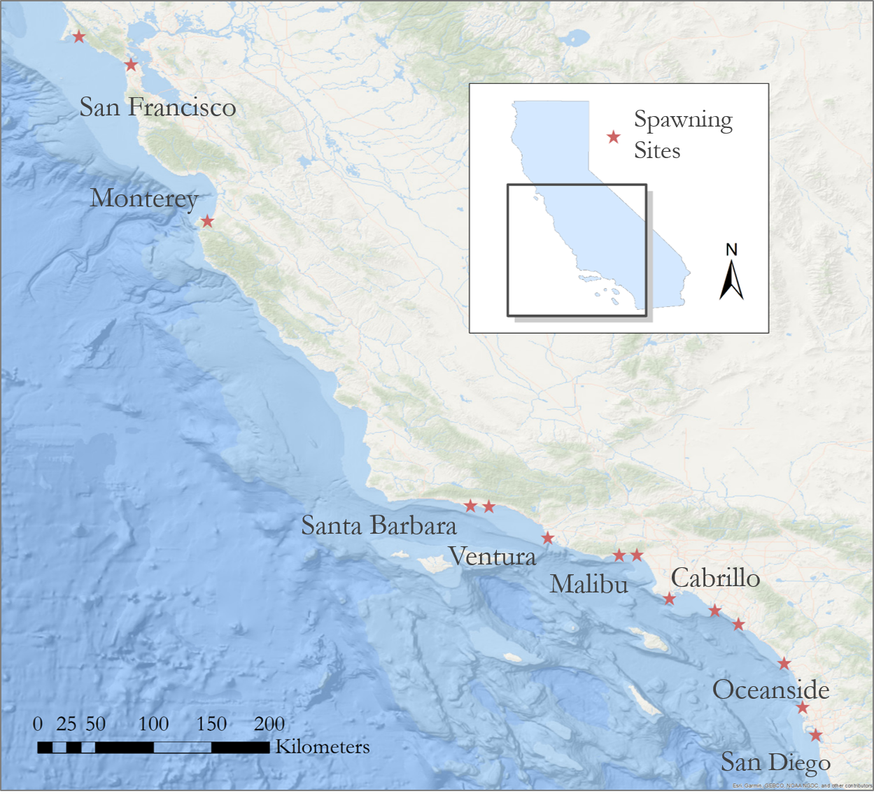A map created by the team that shows certain spawning sites of grunion, including beaches included in analysis (Northern: San Francisco, Monterey; Central: Santa Barbra, Ventura; Southern: Malibu, Cabrillo, Orange County, Oceanside, San Diego). Image credit: NASA DEVELOP