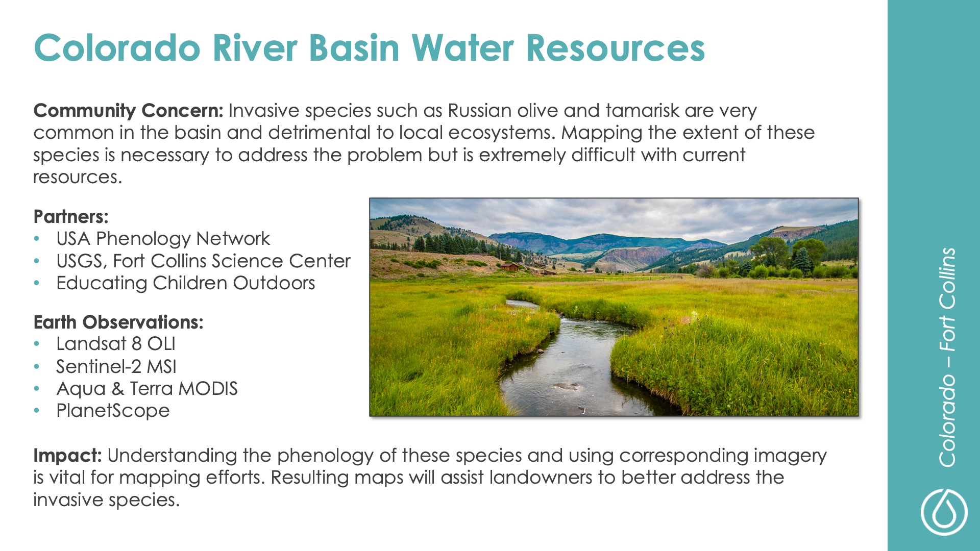 Slide title: Colorado River Basin Water ResourcesDEVELOP Node: Colorado - Fort CollinsCommunity Concern: Invasive species such as Russian olive and tamarisk are very common in the basin and detrimental to local ecosystems. Mapping the extent of these species is necessary to address the problem but is extremely difficult with current resources.Impact: Understanding the phenology of these species and using corresponding imagery is vital for mapping efforts. Resulting maps will assist landowners to better address the invasive species.Partners: USA Phenology Network, USGS, Fort Collins Science Center, Educating Children OutdoorsEarth Observations: Landsat 8 OLI, Sentinel-2 MSI, Aqua & Terra MODIS, PlanetScope